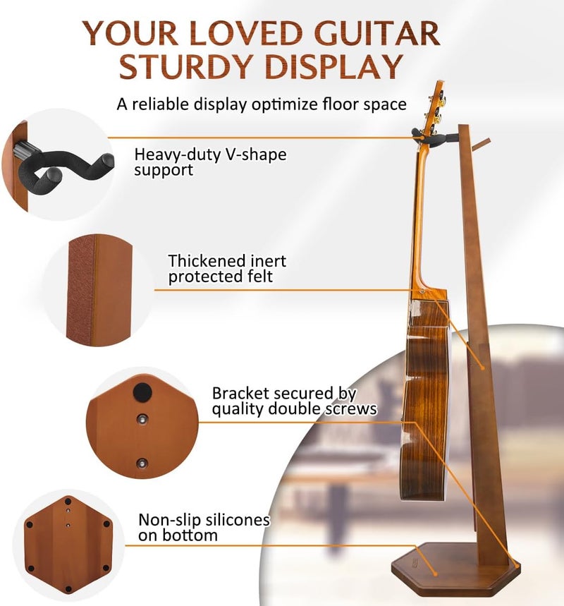 STRICH Acoustic Guitar Stand, HardWood 35.4" Height Floor Guitar Dispaly, Walnut Guitars Holder with Hanger for Home, Studio (FH1, Guitar Display) - Image 4